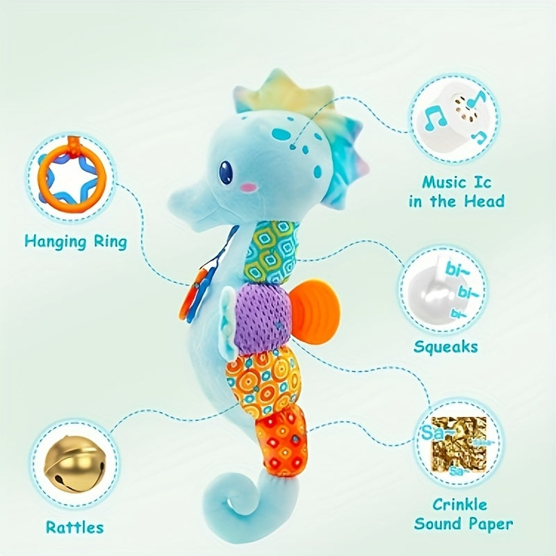 Soft Plush Seahorse Baby Toy with Music Box Squeakers and Crinkle Sound for Newborns
