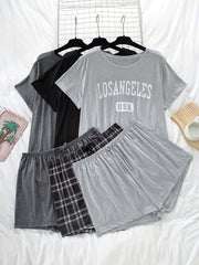 Women's Plus Size Casual Pajama Sets Short Sleeve Top and Shorts 6-Piece Letter Plaid Print