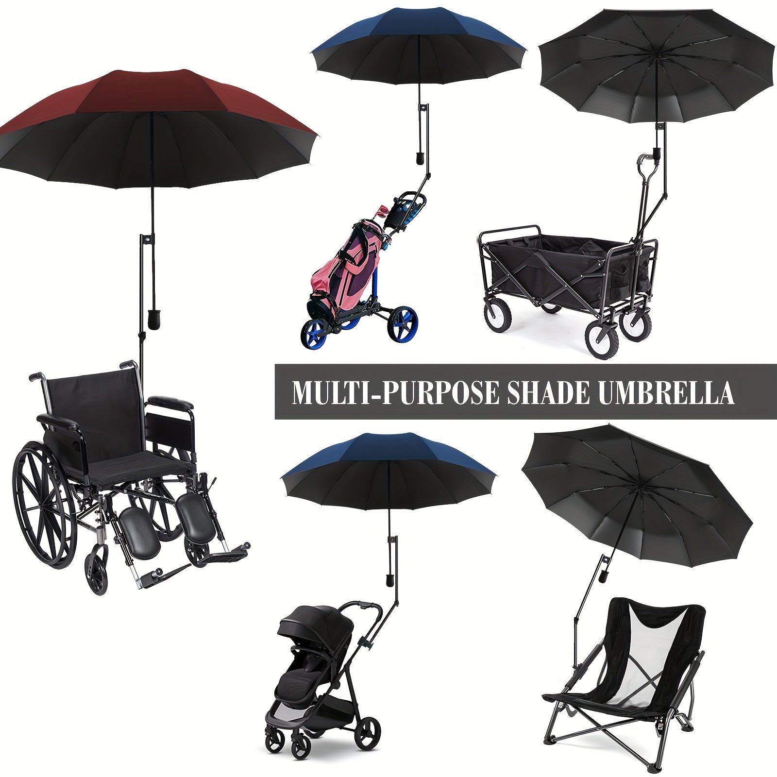 Portable UPF50+ Sun Umbrella with Adjustable Clamp UV-Resistant Polyester Black