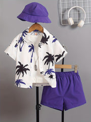 Boys Summer Clothing Set with Coconut Tree Graphic Shirt Shorts Hat for Kids