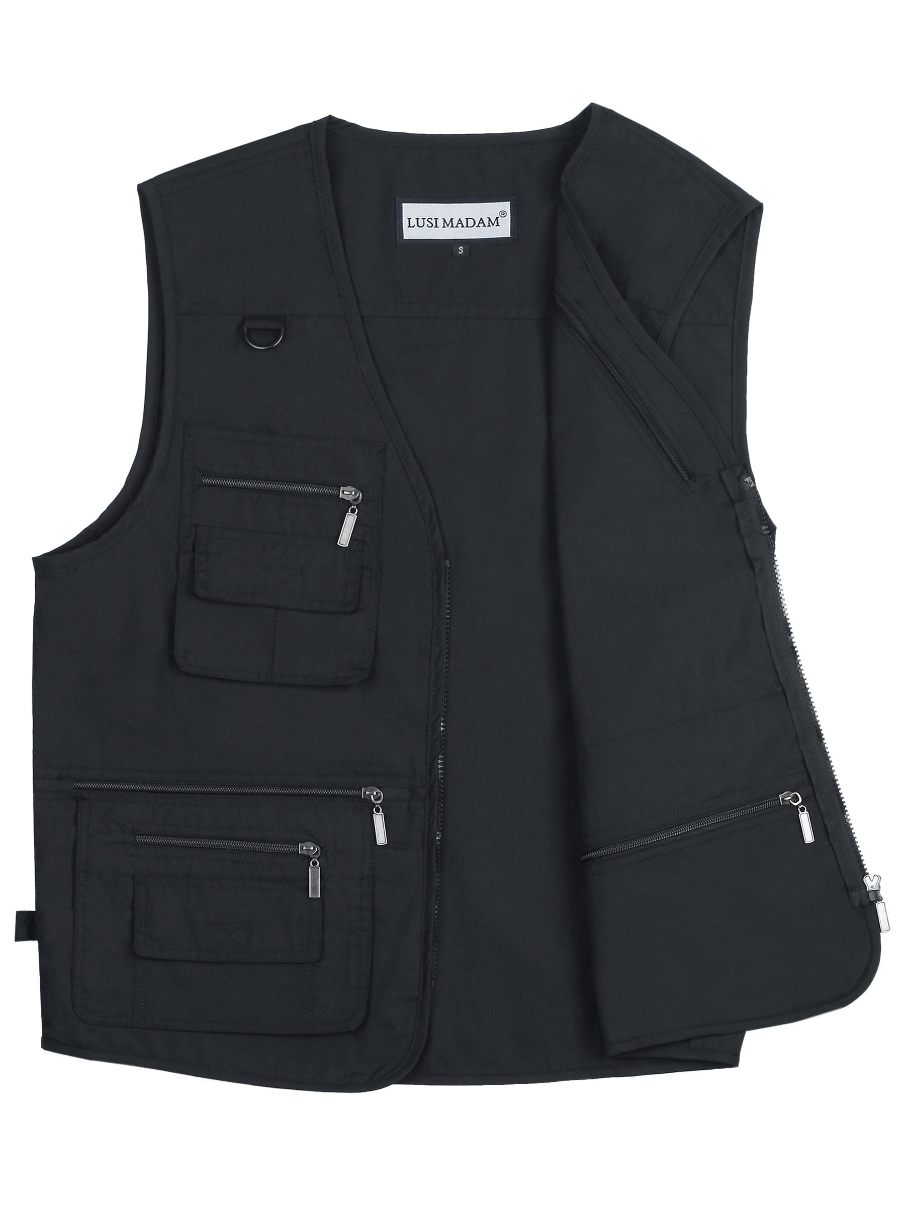 Men's Plus Size Black Polyester Cargo Vest with Multiple Pockets for Outdoor Activities