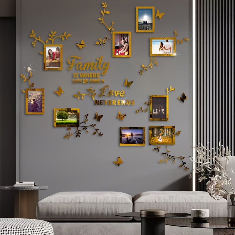 Acrylic Wall Decor Stickers Set with Flower Branches Butterflies and Photo Frames for DIY Home Office Wall Decoration