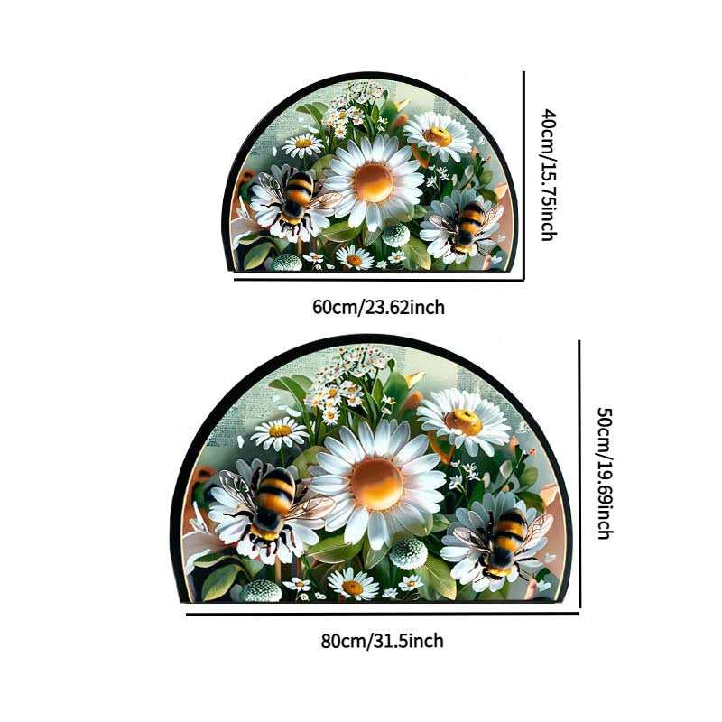 Semi-Circular Welcome Mat with Daisies and Bees Non-Slip Washable Polyester Indoor Outdoor Durable Entrance Rug