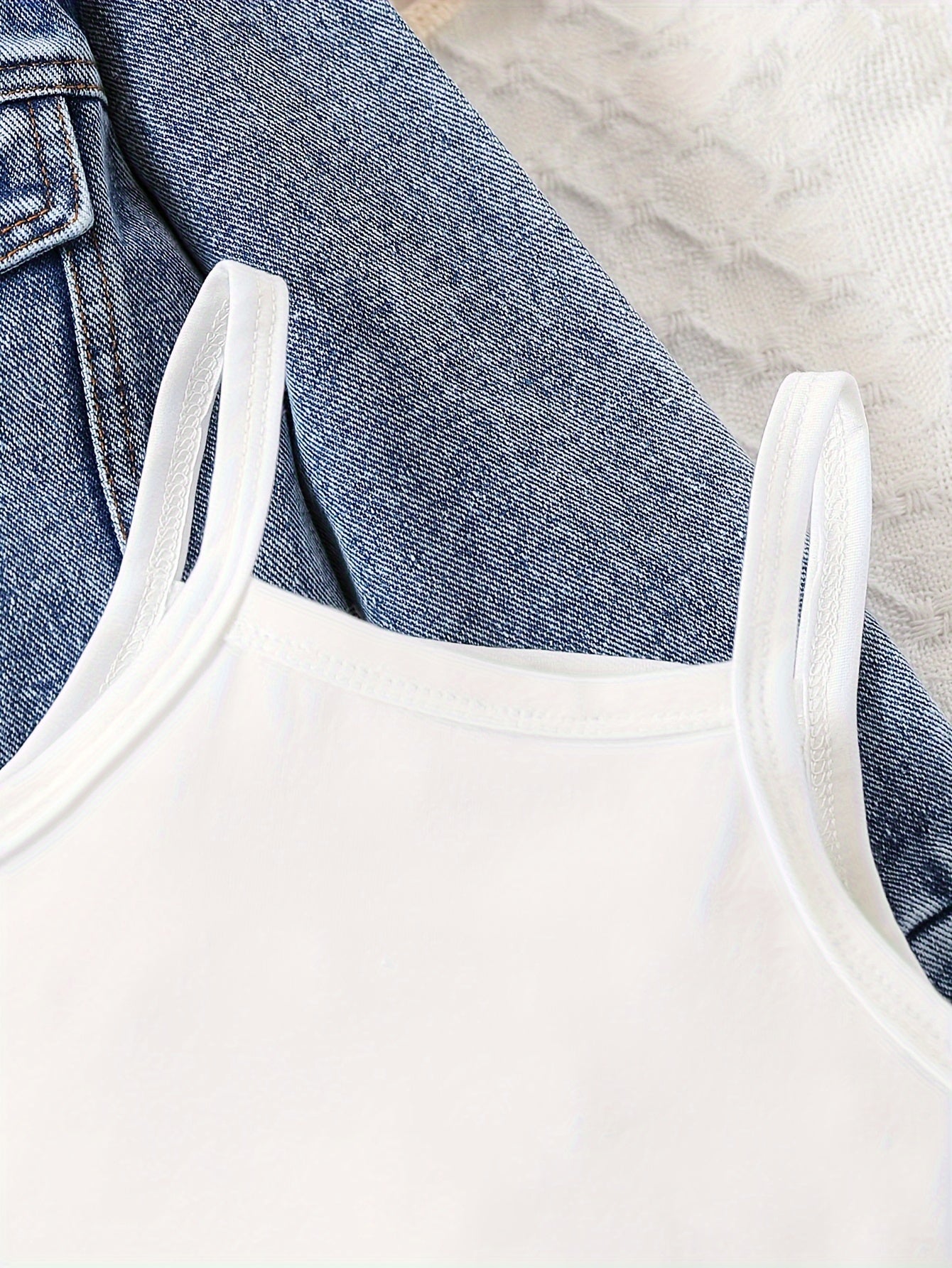 Chic Girls' 3-qismli denim to'plami, oq kamizol, ruffle tafsilotlari bilan denim jilet va pliseli yubka. Mashinada yuvish mumkin, bahor/kovak uchun ideal.