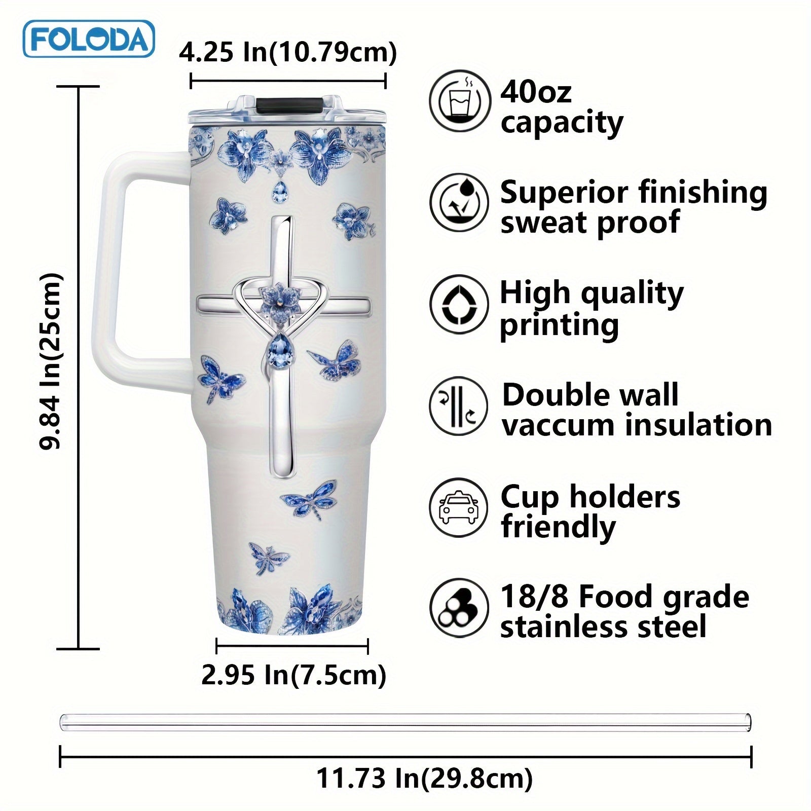Taza de café de acero inoxidable aislado de 40oz con asa, tapa a prueba de fugas y pajilla