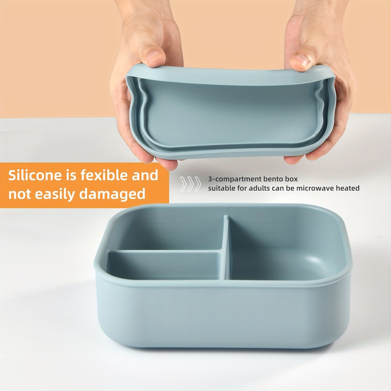 Silicone Lunch Box with Leak Proof Bento Container, 3 Compartments, Microwave Safe