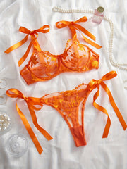 Women's Orange Floral Mesh Lingerie Set with Semi-Sheer Bra and Thong