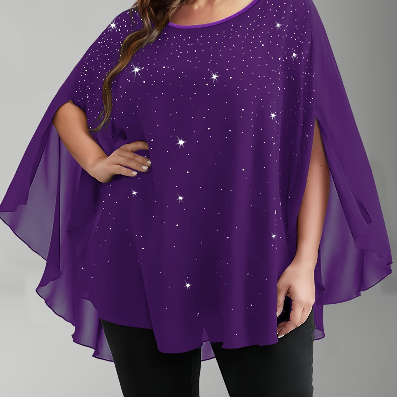 Plus Size Chiffon Blouse with Sequins and Ruffle Sleeves for Women