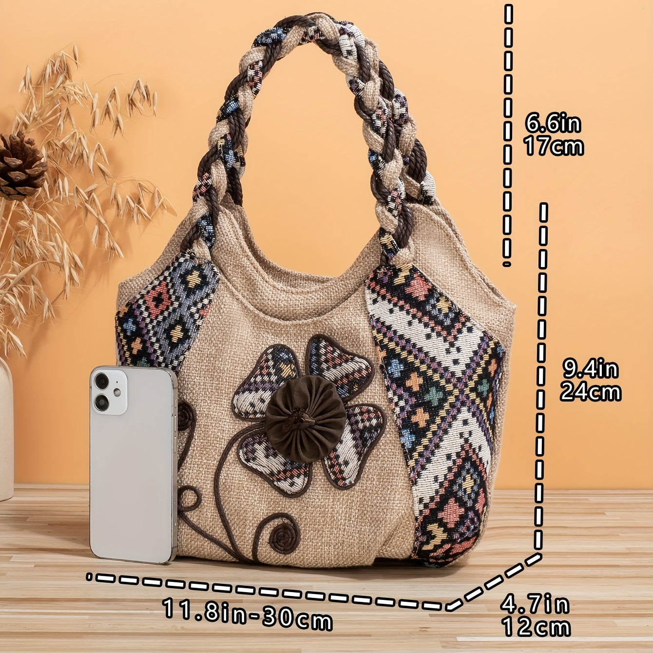 Handmade Floral Toiletry Bag with Braided Handles Multiple Compartments Zipper Closure