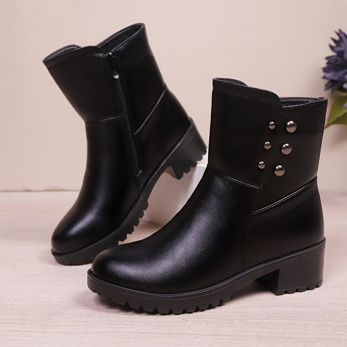 Women's Faux Leather Mid-Top Ankle Boots with Side Zipper and Chunky Heel