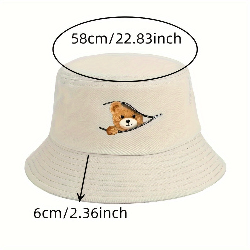 Polyester Bucket Hat with Teddy Bear Print for Outdoor Activities and Sun Protection