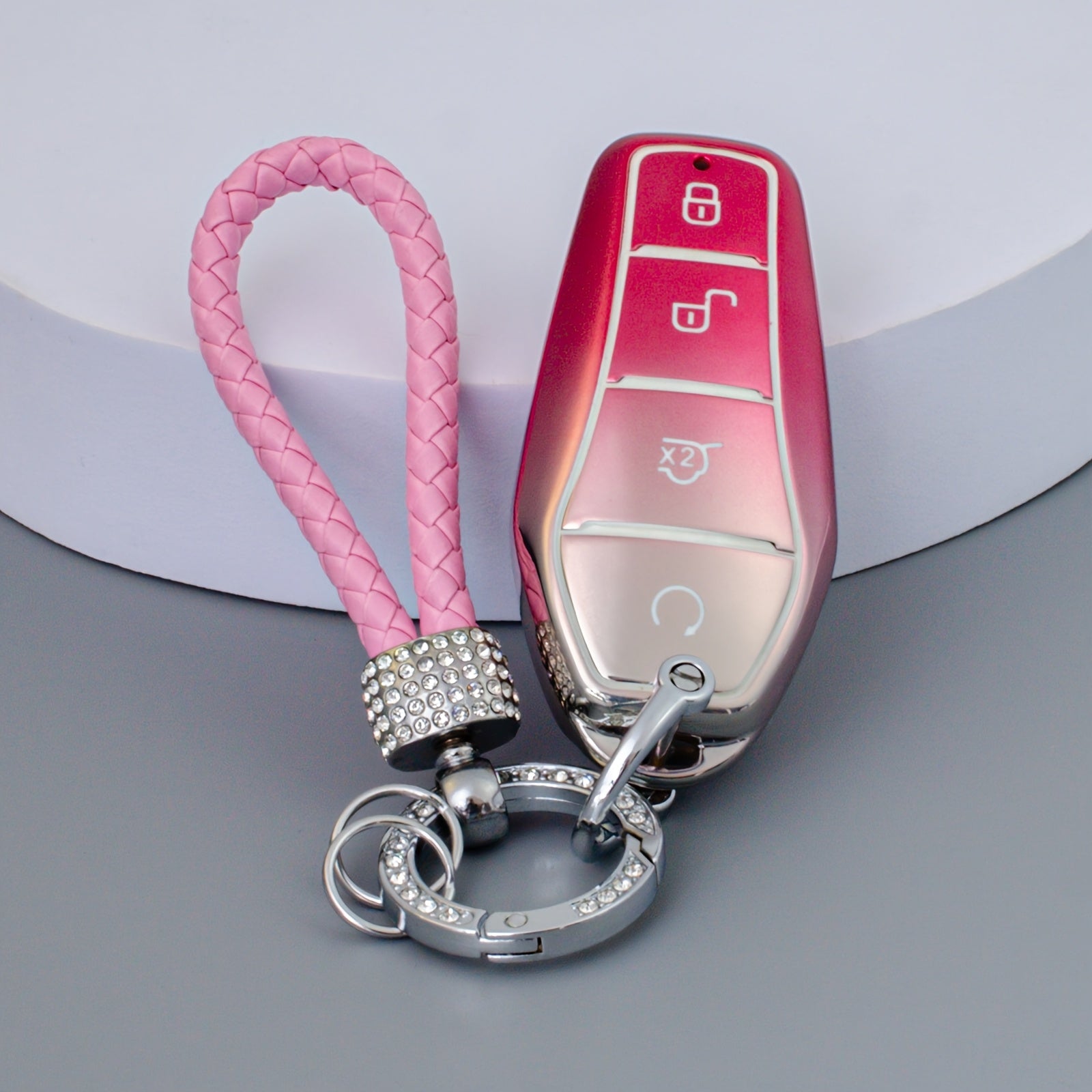 Pink TPU Key Fob Cover with Rhinestone Charm for EVs Durable Protective Case