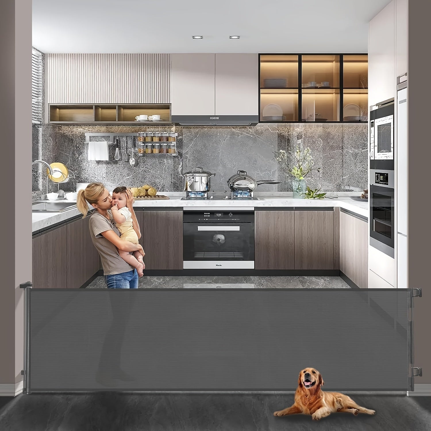 Baby Safety Gate Retractable Mesh Adjustable Height 83.82cm to 104.14cm for Doorways Stairs Hallways Indoor Outdoor