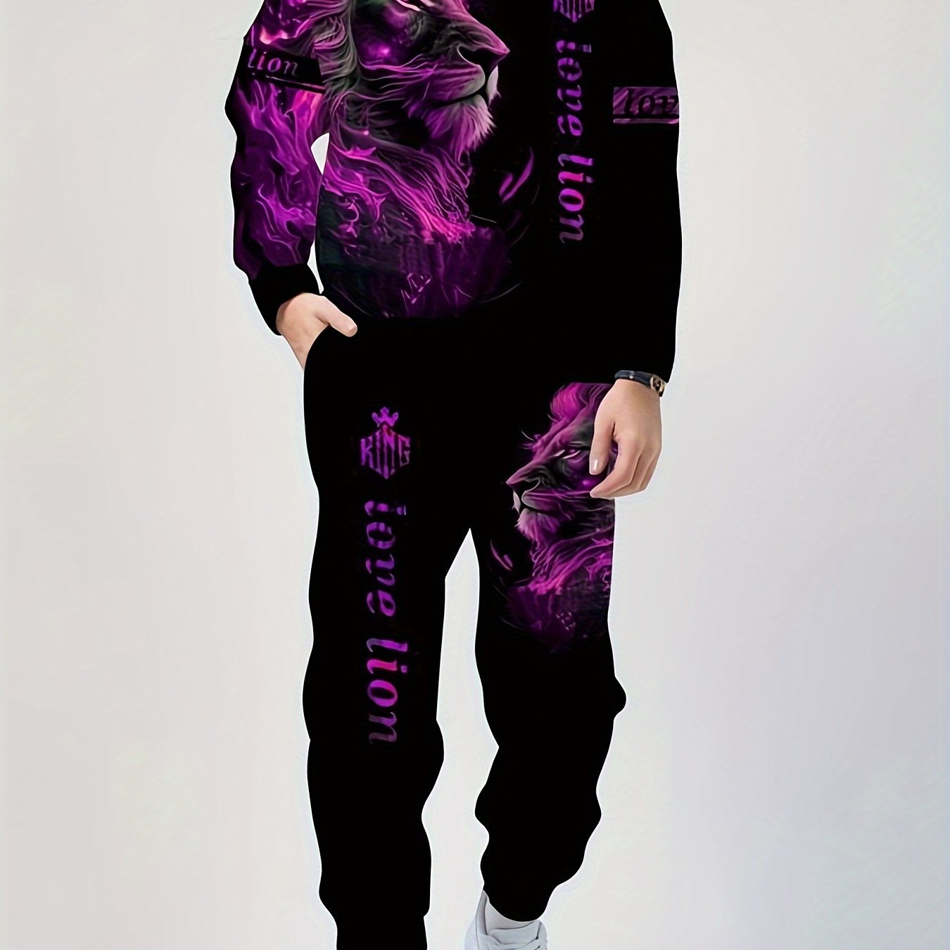 Plus Size Men's Hoodie and Sweatpants Set with Glow Lion Print for Fall Winter