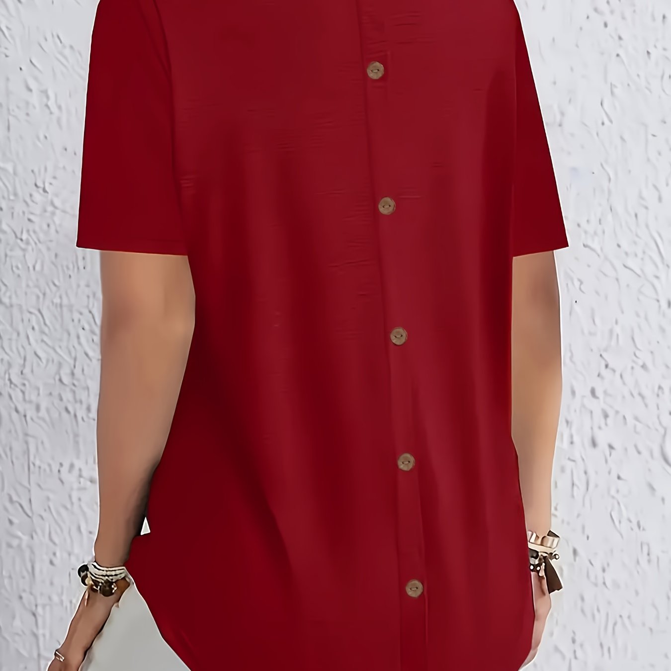Plus Size Maroon Short Sleeve Crew Neck T-Shirt with Back Button and Asymmetrical Hem