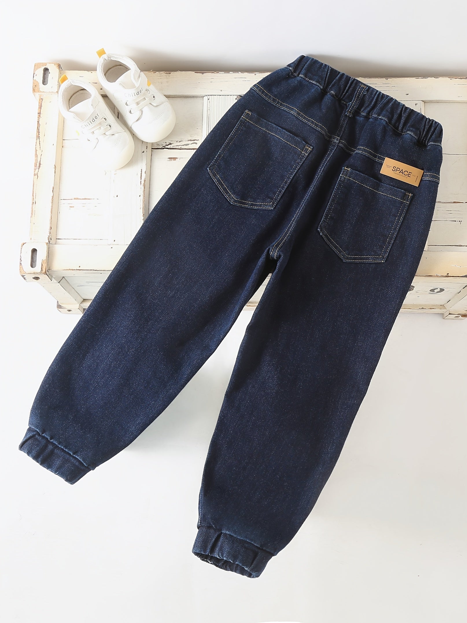 Boys High-Waisted Denim Jogger Pants with Elastic Waist and Cuffed Ankles
