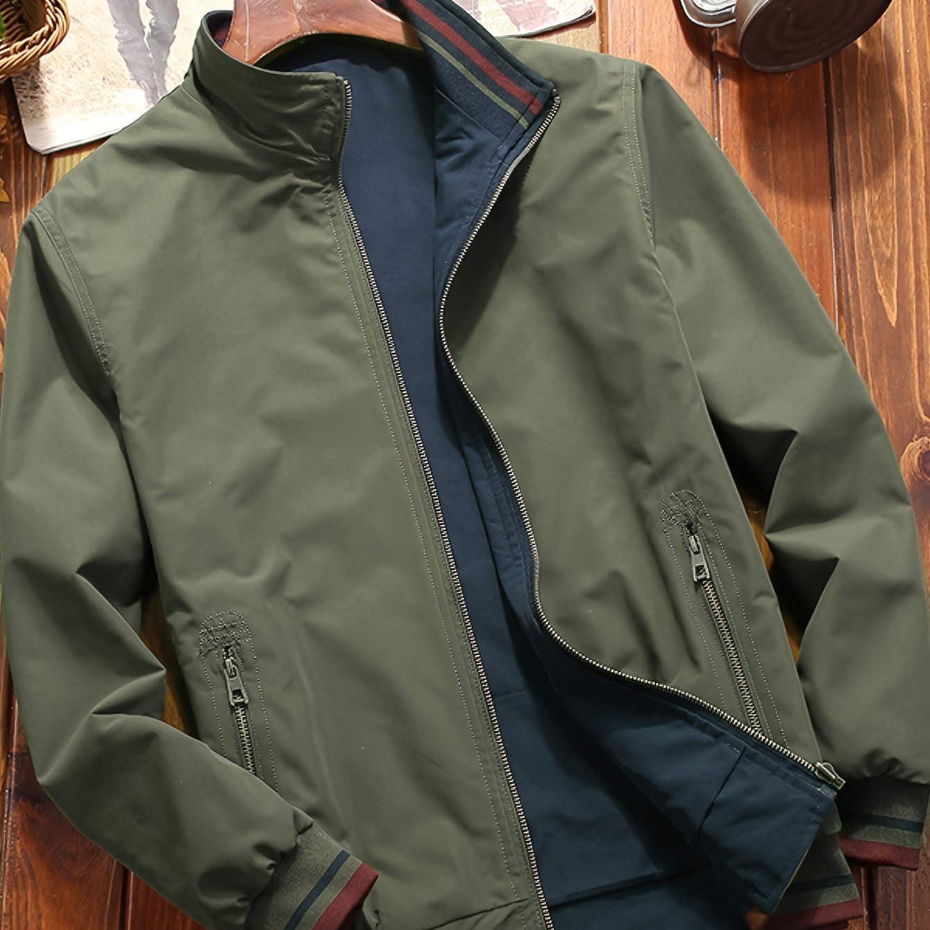 Zamonaviy Pearson OBM Erkaklar uchun Tasodifiy Ikki Tomonlama Kurtka, Chiziqli Uzoq Yengli Zip-Up, Cho'ntaklar, Turg'un Yelka, Yengil Polyester Aralashmasi, Bahor va Kuz uchun Ideal