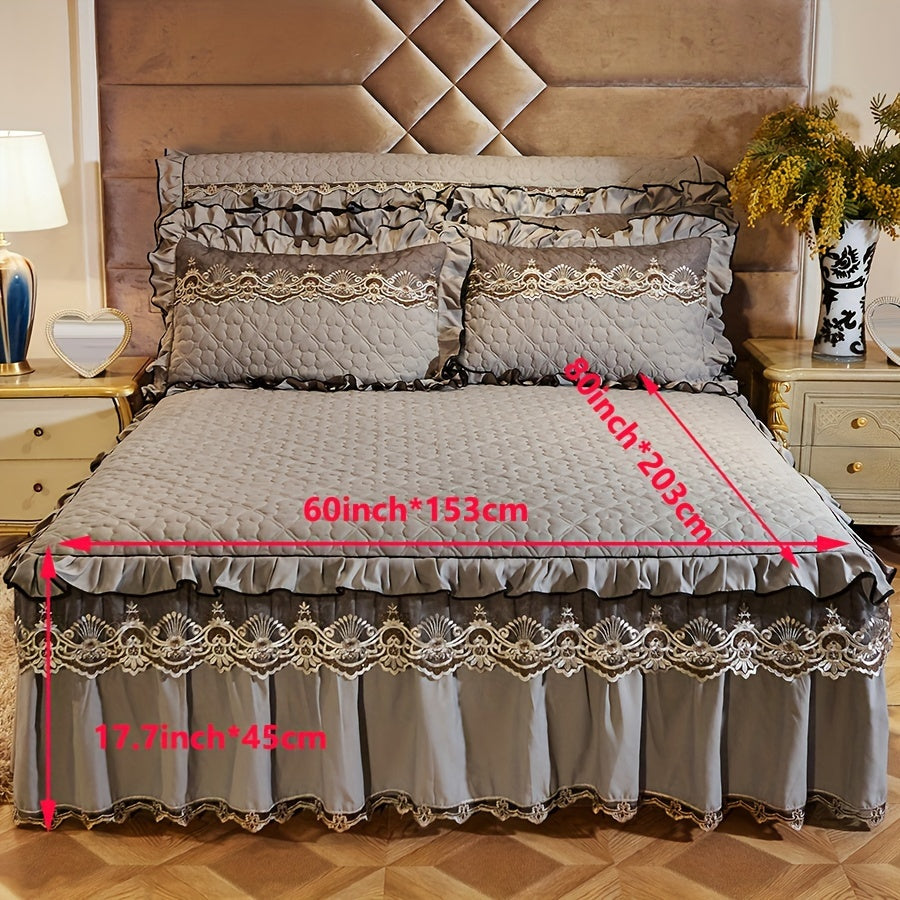 3-Piece Solid Color Quilted Love Quilt Set with Lace Bed Skirt and Pillowcases