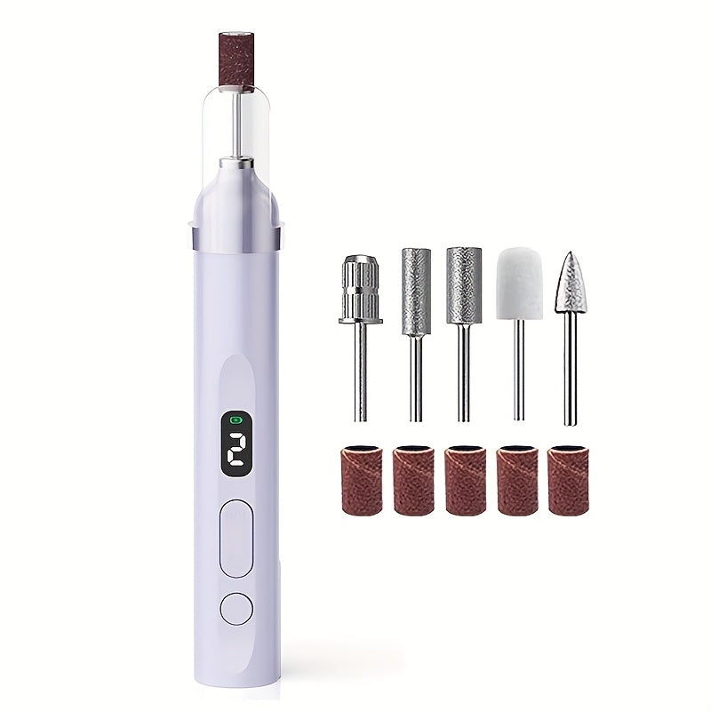 Electric Nail Drill Set with 6 Grinding Heads Portable Sander for Acrylic Gel Nails LCD Display USB Charging