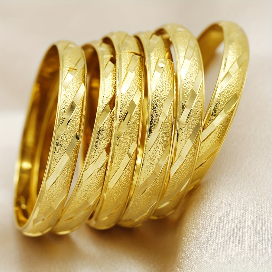 Set of 6 Gold Plated Copper Bangles for Women Adjustable Diagonal Pattern Wedding Gift