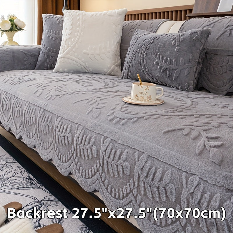 Beige Faux Rabbit Fur Sofa Cover for 1-4 Seaters with Floral Leaf Pattern Non-Slip Washable