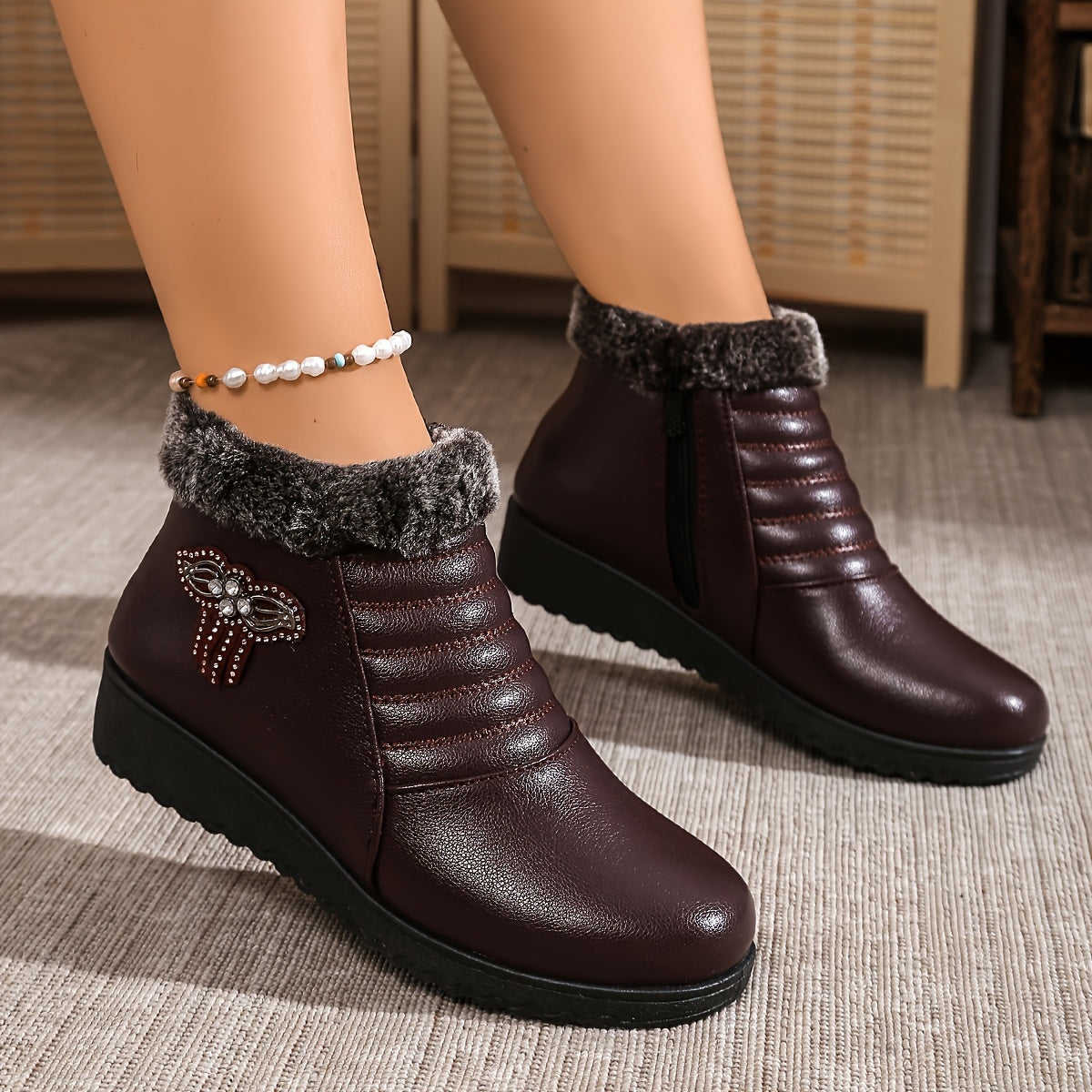 Women's Winter Ankle Boots Snow Shoes Non-Slip Rubber Black Red