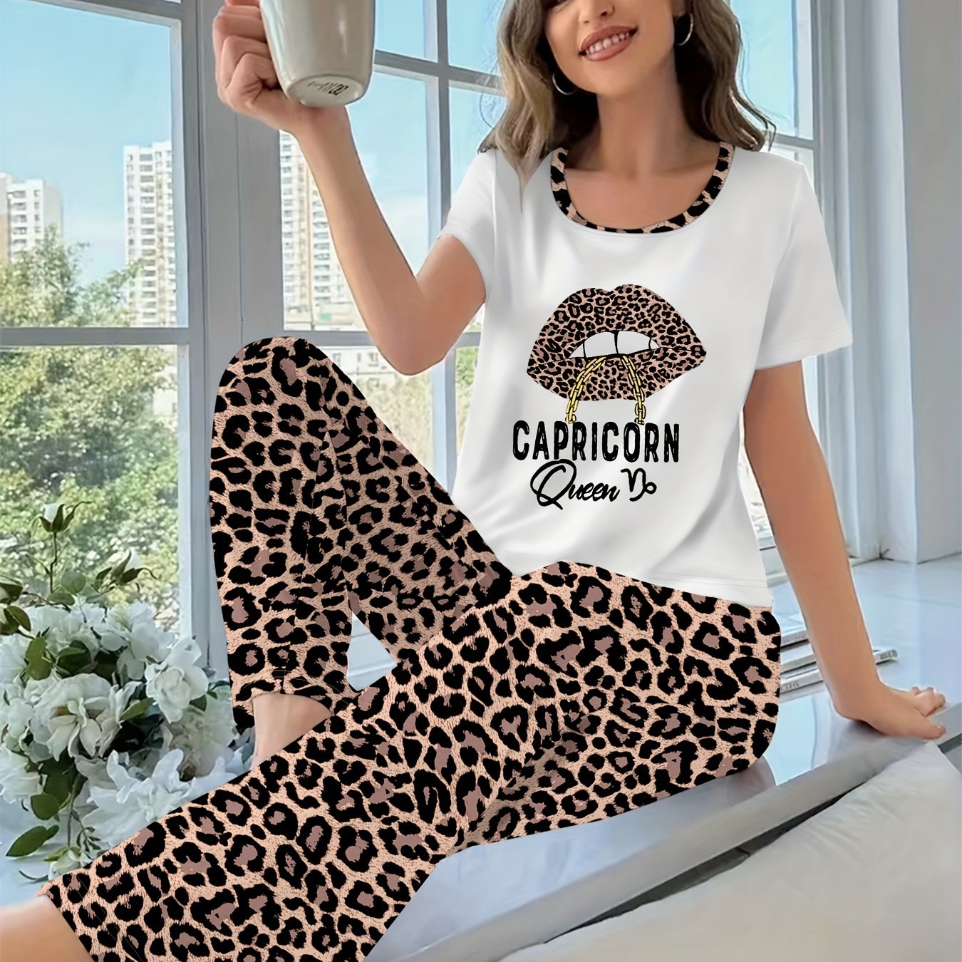 Women's Plus Size Leopard Heart Print Pajama Set Short Sleeve Lounge