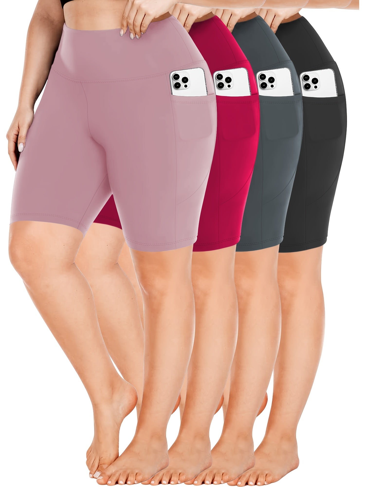 Plus Size Biker Shorts 4-Pack Polyester Knit High-Waisted Pockets Summer