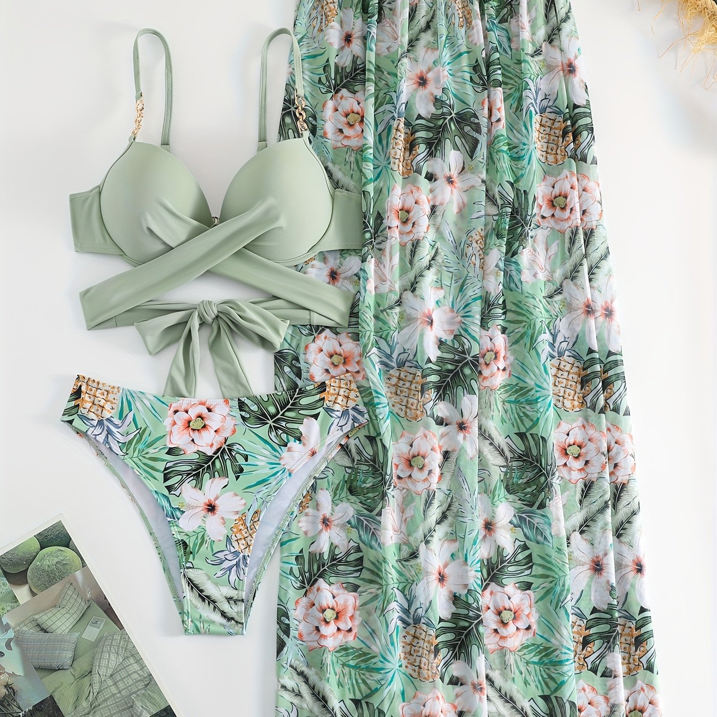 Green Floral Split Swimsuit for Women Summer High Stretch Polyester V-Neck Three-Pieces