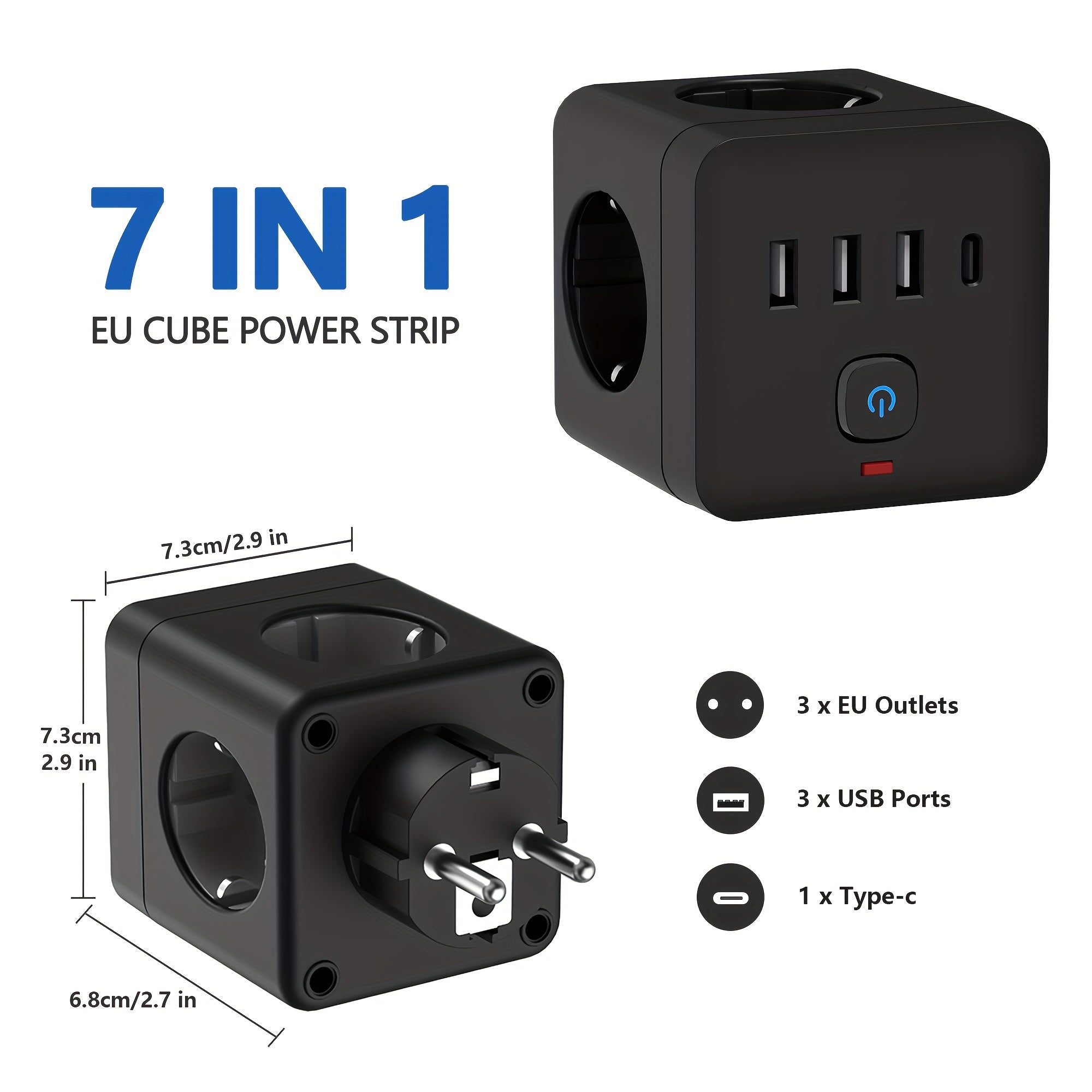 EU Power Strip with 7-in-1 Surge Protector 3 AC Outlets 3 USB Type-C for Home Office Travel