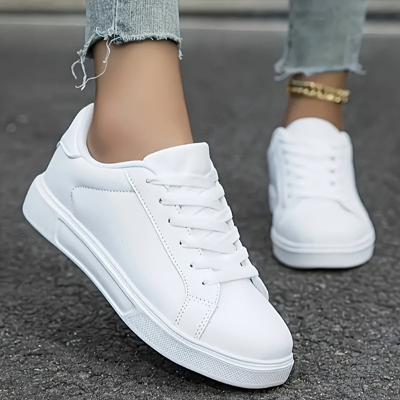 Women's Lightweight Casual Sneakers, Breathable Fabric, White Flats