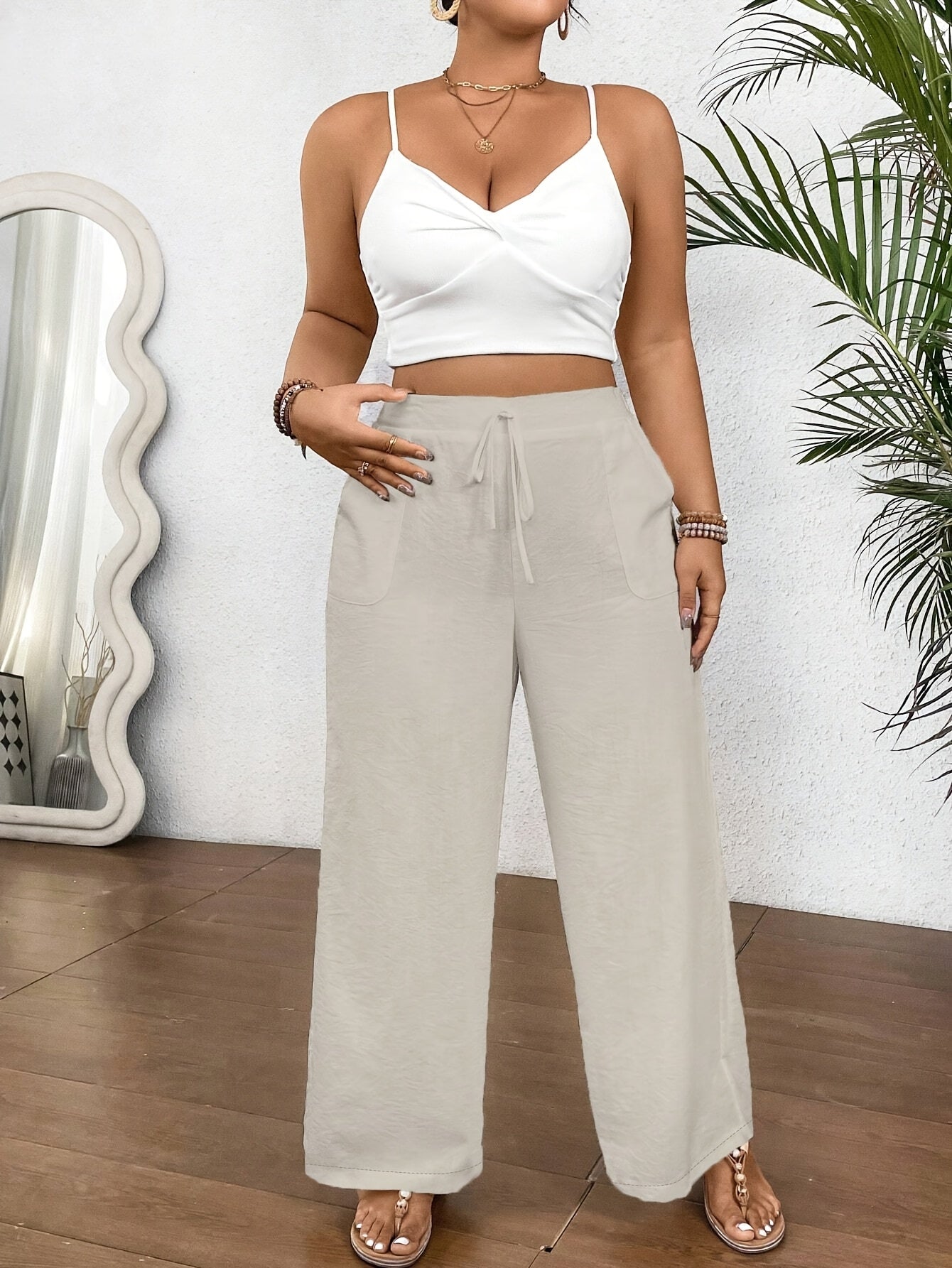 Women's Plus Size Wide Leg Pants Polyester Elastic Waist Tiedetail Black