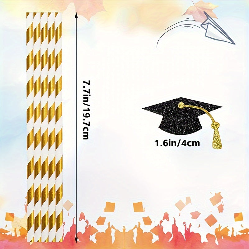 12 Graduation Cap Paper Straws with Gold Foil Accents for Parties
