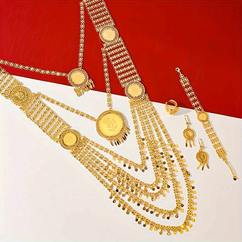 Gold-Plated Copper Jewelry Set for Women Boho-Chic Pendant Necklace and Layered Earrings