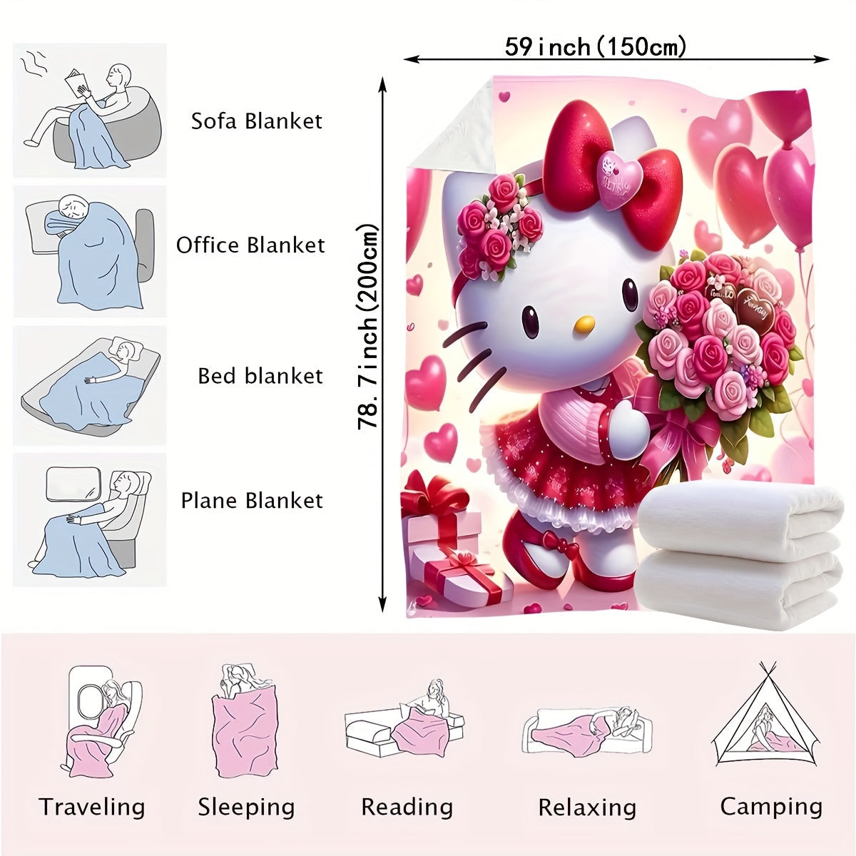 Kids Flannel Throw Blanket with Hello Kitty Digital Print Soft Plush Polyester All-Season Cozy Bed Sofa Use