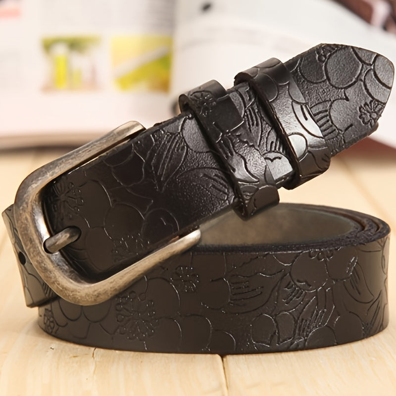 Women's Leather Flower Embossed Belt with Vintage Pin Buckle for Casual Jeans