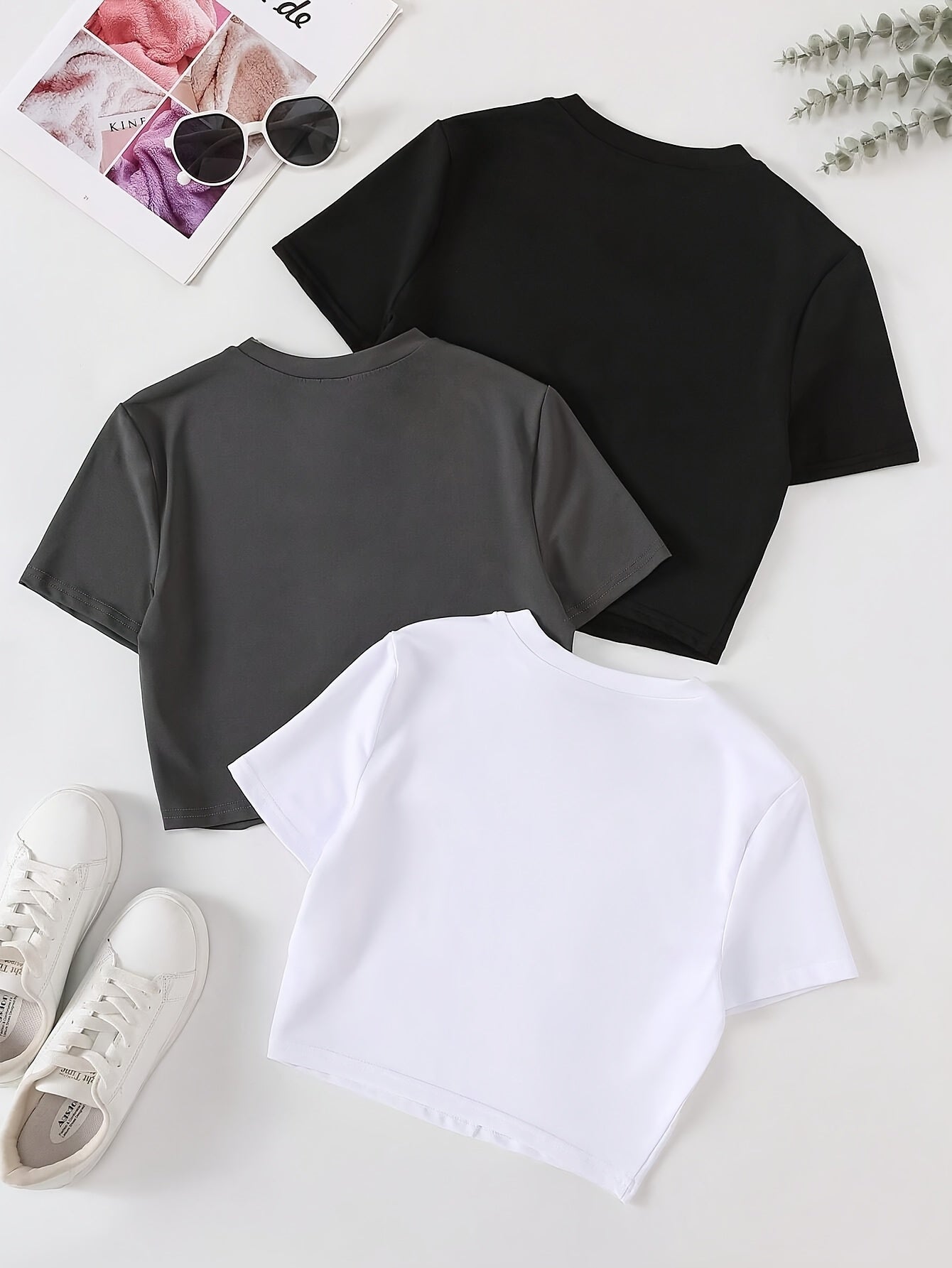 Women's Slim Fit Crop Tops Pack of 3 Short Sleeve Solid Color Polyester Casual