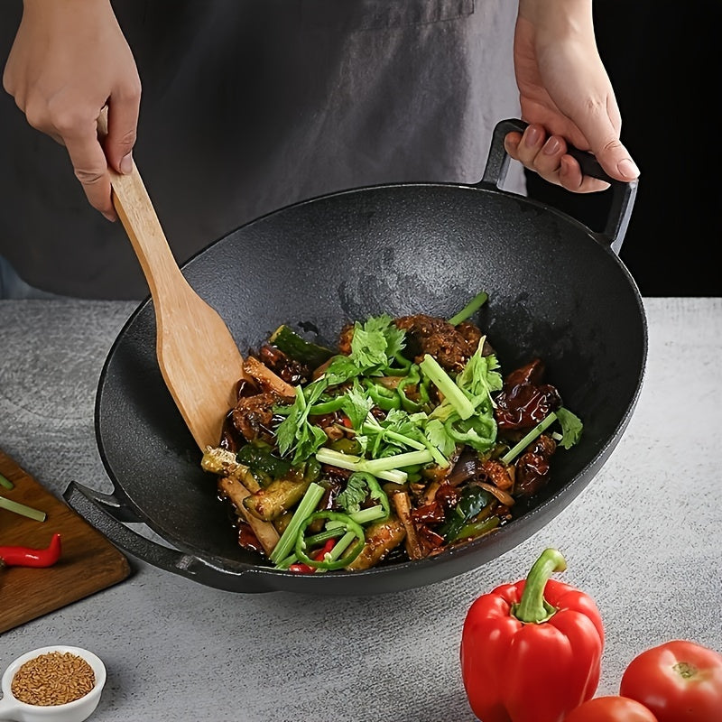 12.60-Inch Uncoated Cast Iron Wok with Wooden Lid Double Handle for Kitchen Use