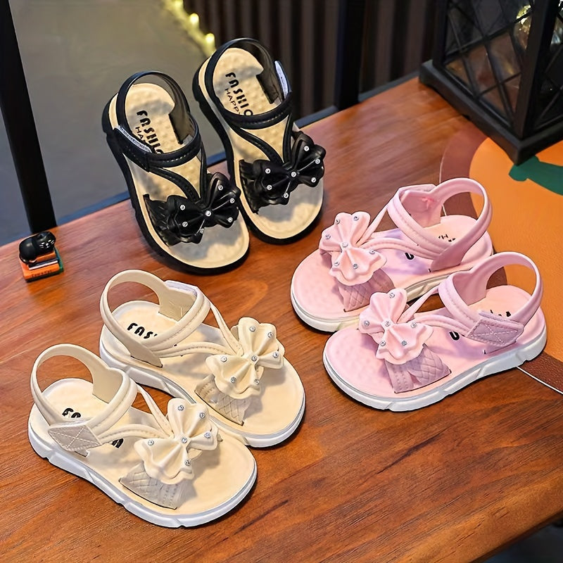 Girls' Sandals with Bowknot Summer 2024 Low Top Breathable Beach Footwear Black White Pink Cream