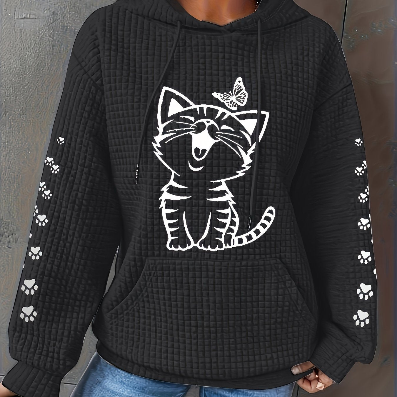 Women's Cat Pattern Waffle Hoodie Long Sleeve Casual Sweatshirt Large Size