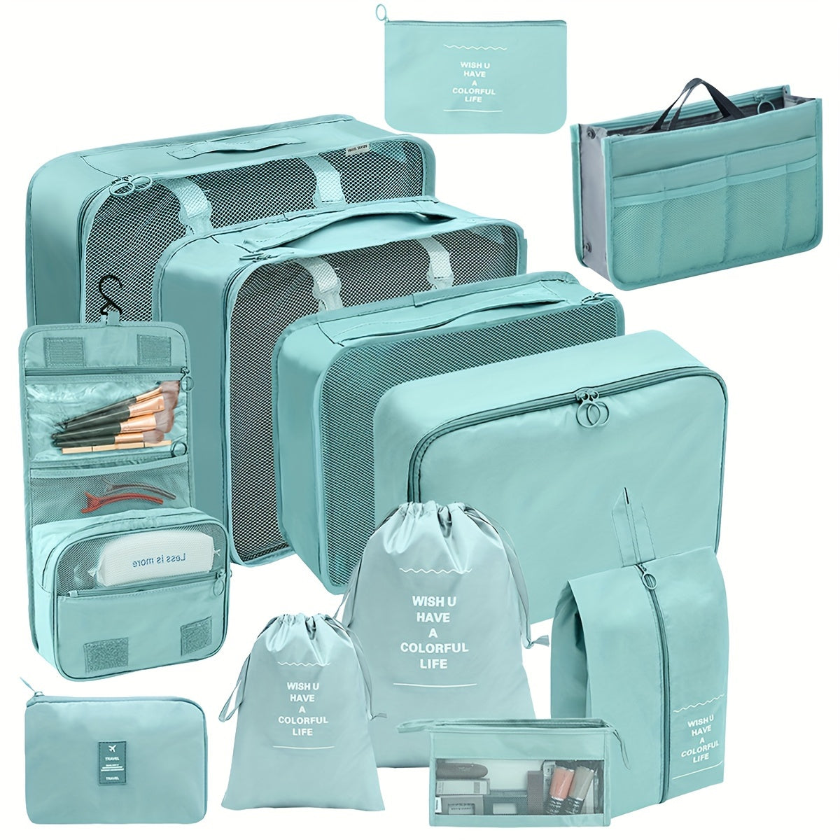 12-Piece Minimalist Travel Organizer Set Plastic Packing Cubes Toiletry Bag Shoe Storage