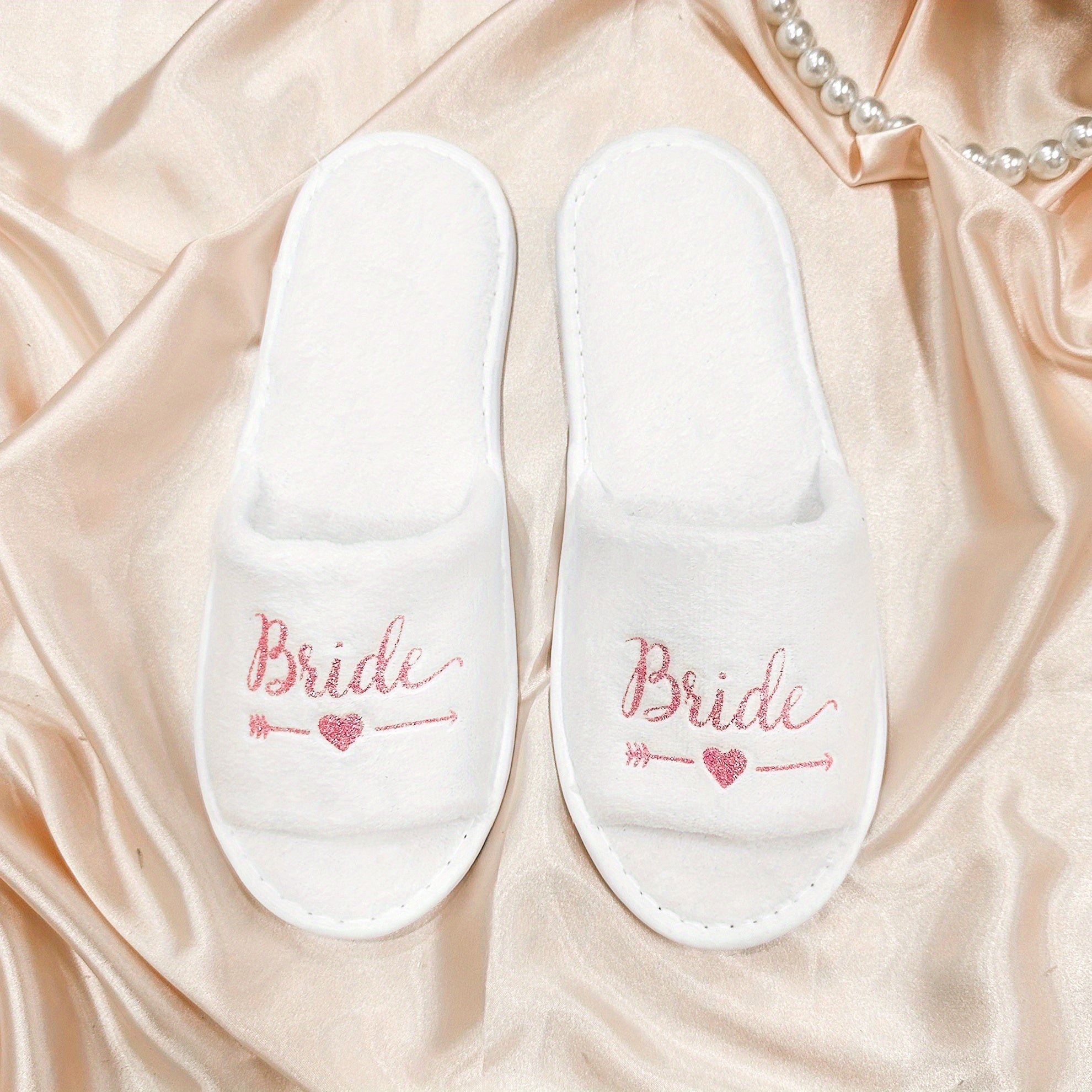 Pink Glitter Bridal Slippers Set - Heart Design, Bachelorette Party Shoes