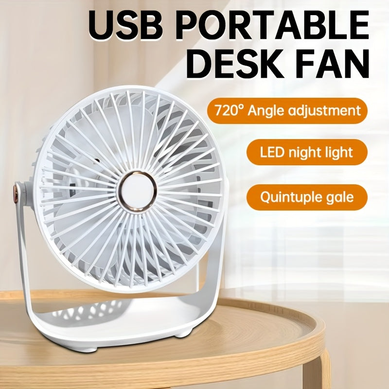 Mini Desktop Fan with Night Light, USB Rechargeable, 5-Speed Settings