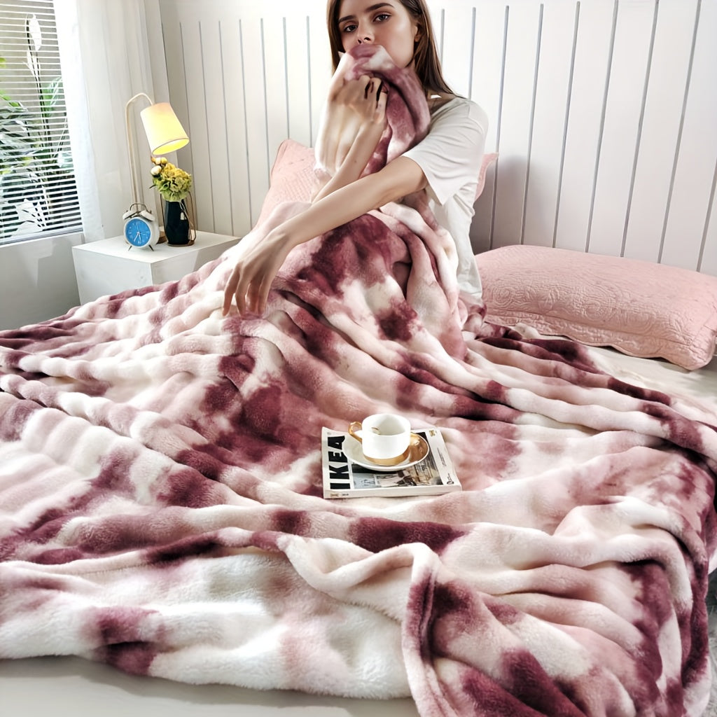 Manta reversible de pelo sintético de conejo con patrón de arcoíris tie-dye moiré para sala de estar, sofá y cama