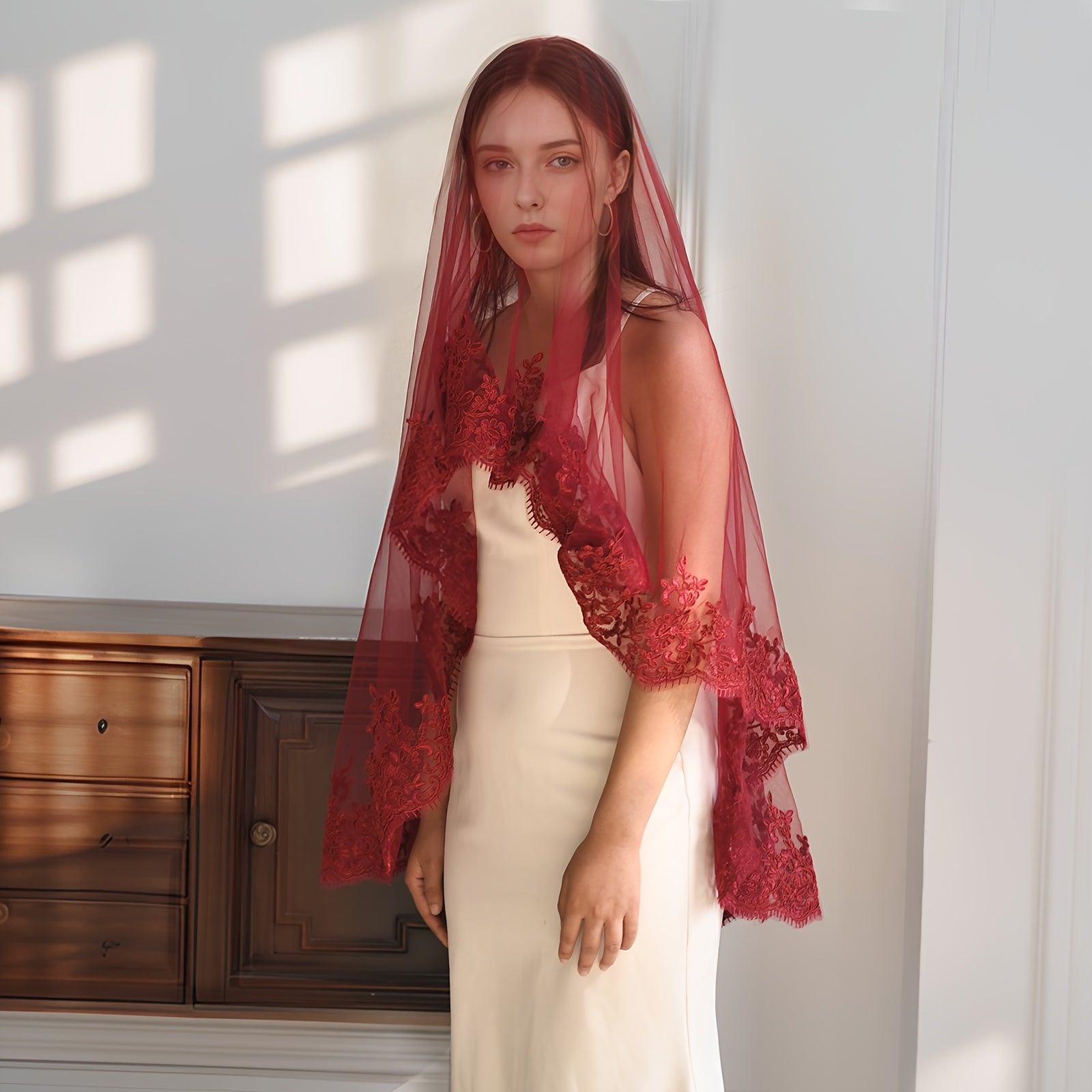 Hand Wash Only Bridal Veil with Red Embroidery Romantic Nylon Wedding Accessory