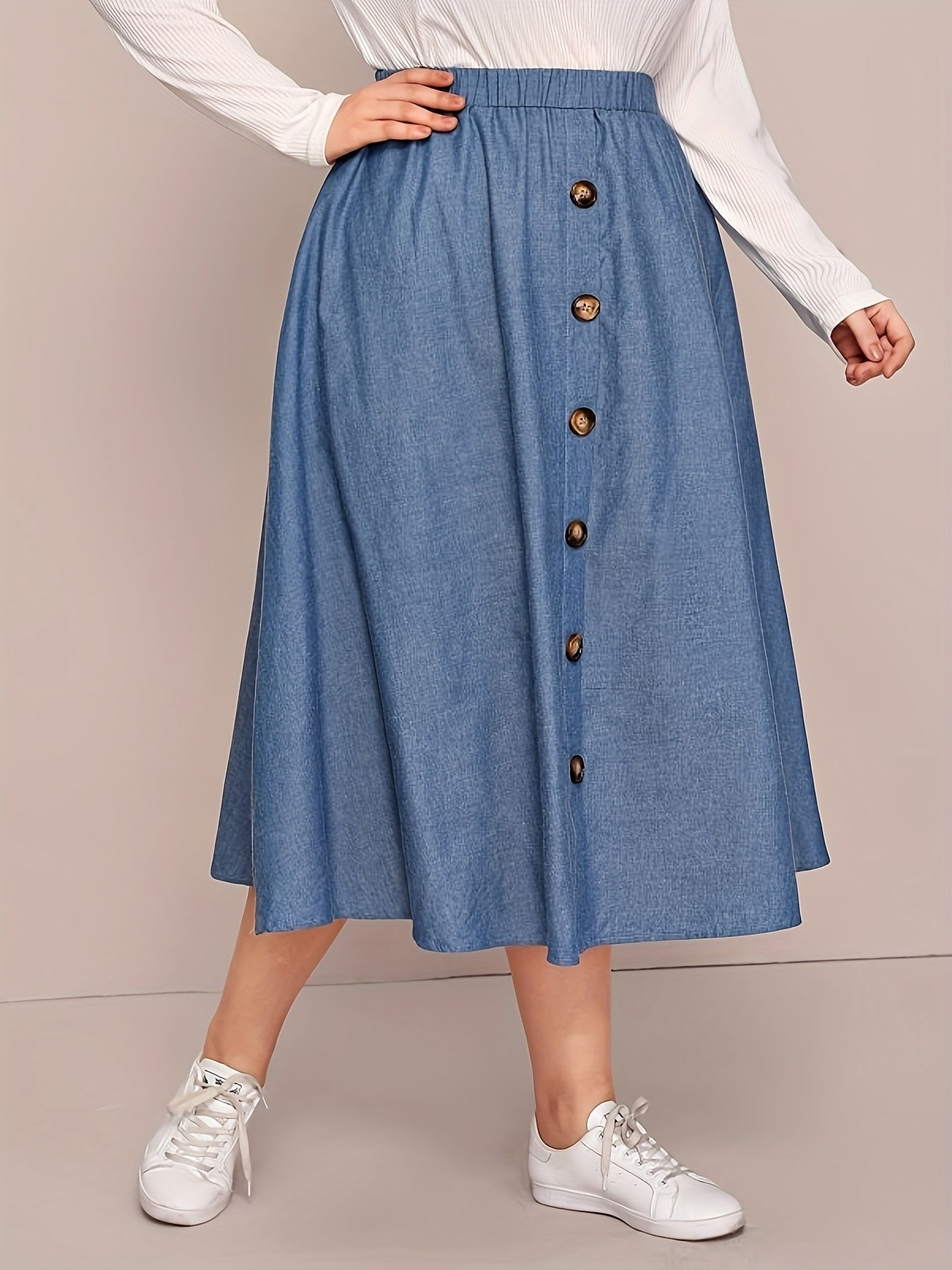 Plus Size Women's Light Blue A-Line Midi Skirt with Elastic Waist