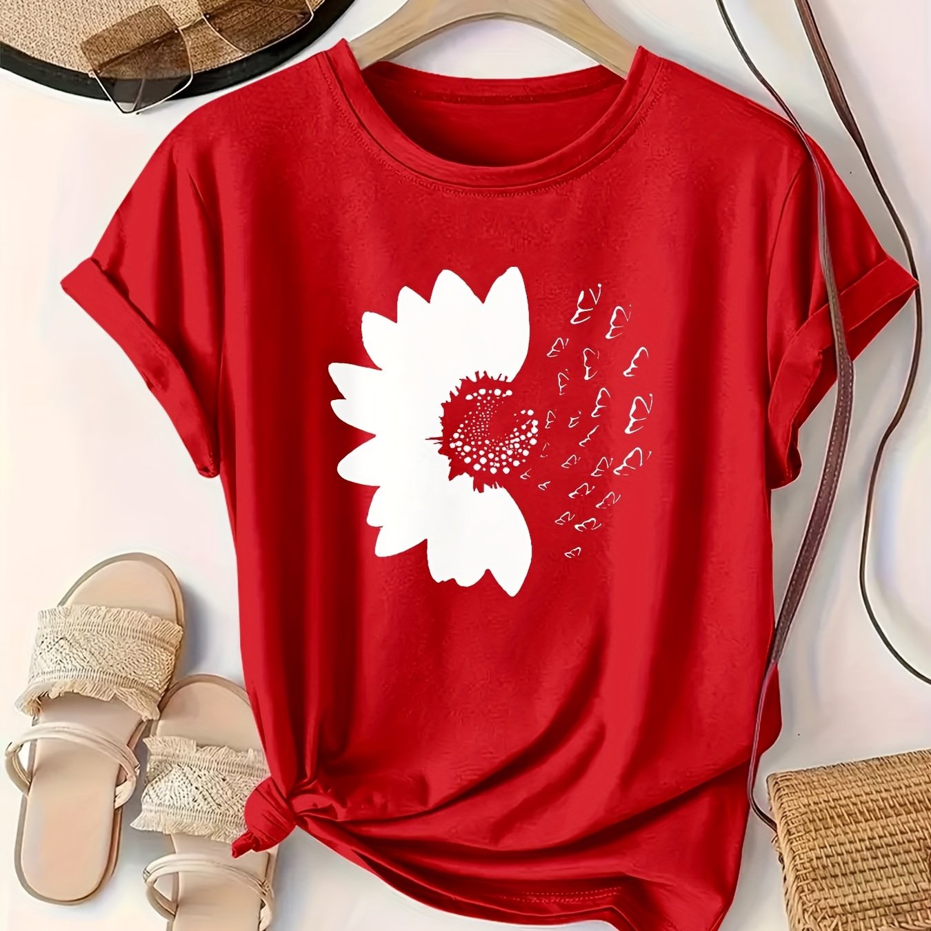 Plus Size Women's Cotton Casual Short Sleeve T-Shirt Black Floral Print