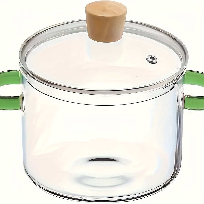 Olla de vidrio de borosilicato de 52oz con asa verde, utensilio de cocina transparente resistente al calor para sopa, gachas, pasta, con tapa