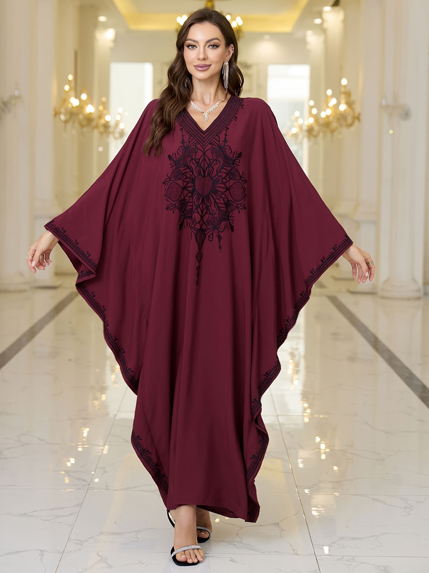 Plus Size Viscose Kaftan Dress V-Neck Embroidered Long Sleeve Beachwear