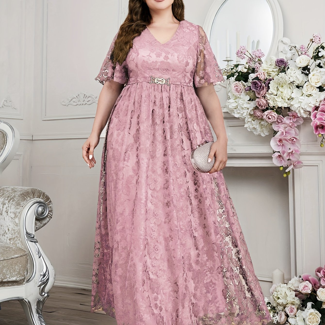 Women's Plus Size Floral Lace Swing Maxi Dress V Neck Flutter Sleeve Party Wear